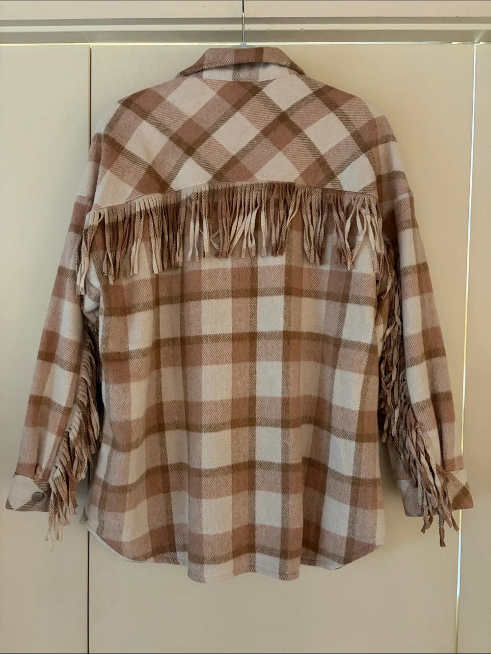 Pink Lily Plaid Shacket Jacket in Cream and Tan